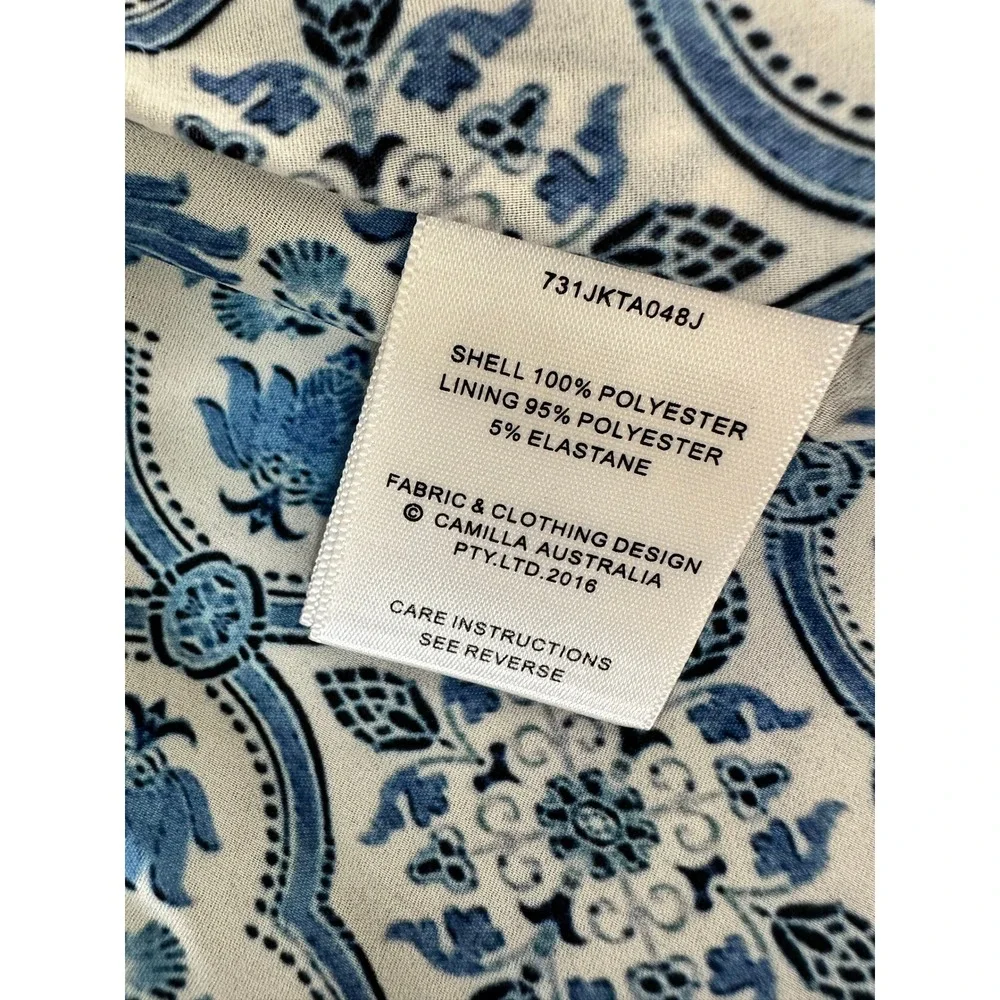 Camilla Peplum Blazer Size L Blue White Mosaic Print Crystal Embellished Art